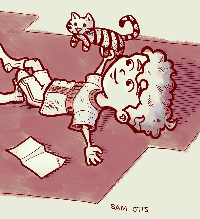 Young boy playing with a stuffed tiger amid a scatter of school supplies.